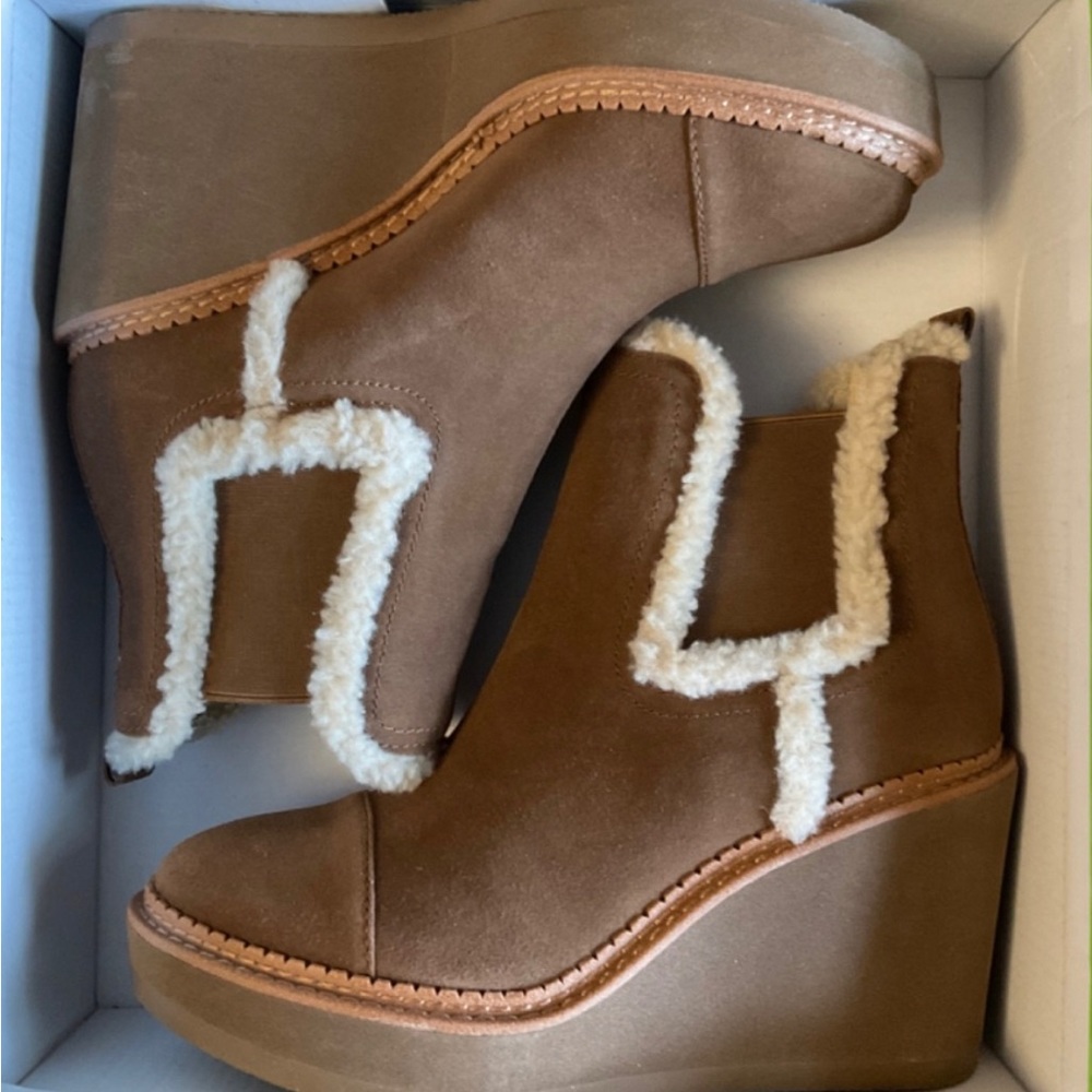 Sam Edelman Reagan Faux Shearling Brown Suede Wedge Ankle Boots Size 9
